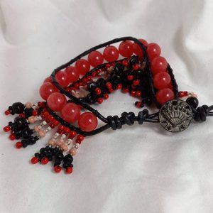 Woven Bracelet w/ Cherry Quartz, Pink and Black Beads, Antique Button